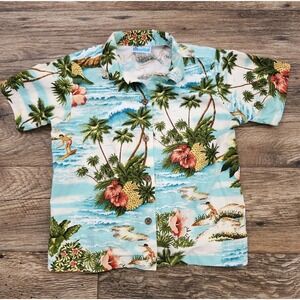 RJC Hawaiian Shirt Boys 7 Classic AOP Surf Palm Trees Made in USA Hawaii Aloha